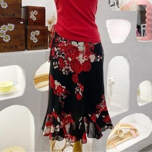 Vintage Black Mesh Red Roses Floral Midi Skirt with Stretchy Waist & Ruffle Hem